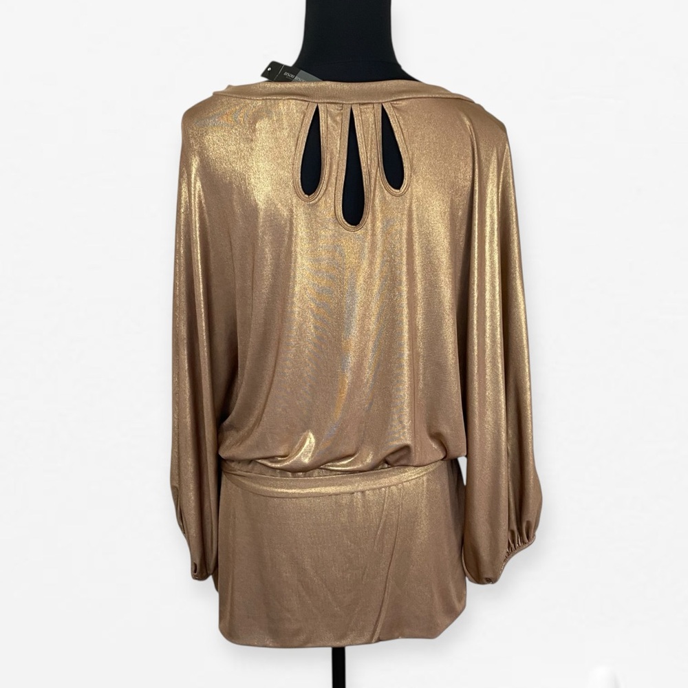 Bisou Bisou Elegant Metallic Gold tie waist Women's Top blouse L - Picture 4 of 7